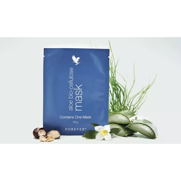 Masque Aloe Bio-cellulose Forever avec Aloe Vera et ingrédients clés, mettant en avant les composants hydratants et régénérants.