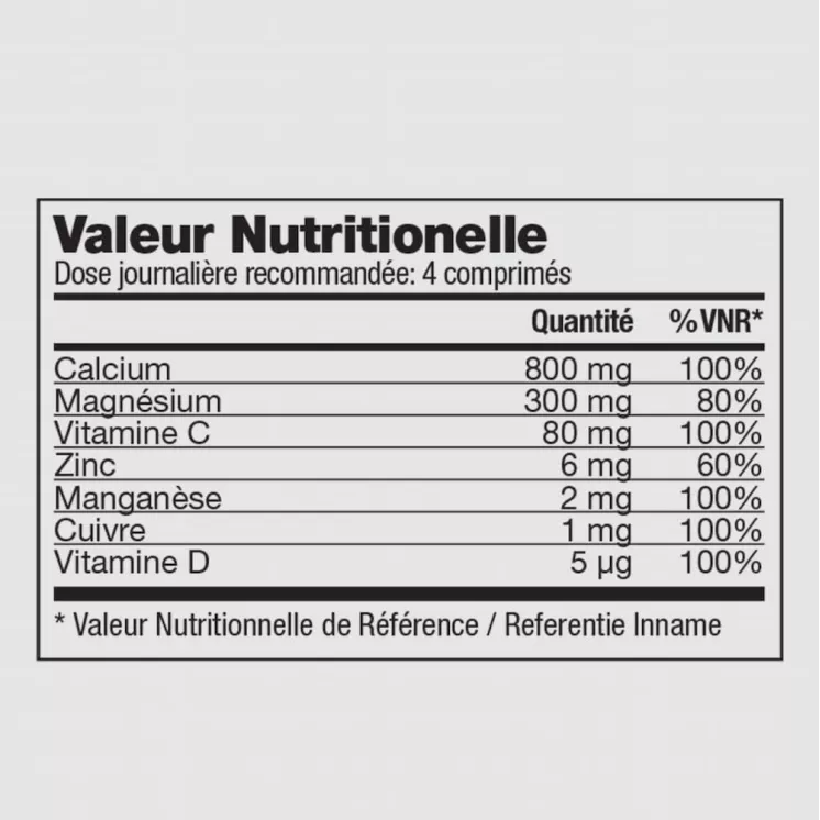 Tableau détaillé des valeurs nutritionnelles de Forever Calcium, montrant le calcium, le magnésium et les vitamines.