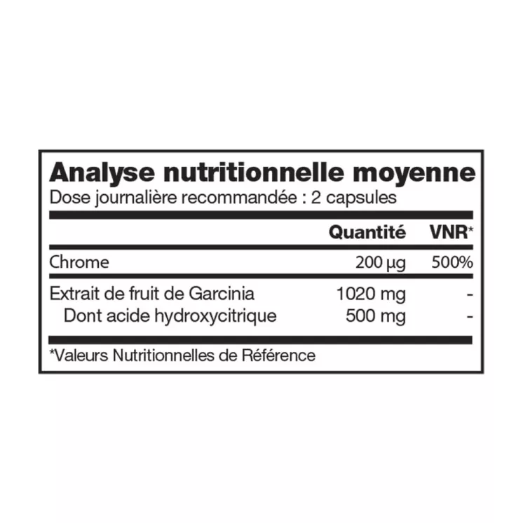 Analyse nutritionnelle de Forever Garcinia Plus indiquant les quantités de chrome et d'acide hydroxycitrique dans 2 capsules.